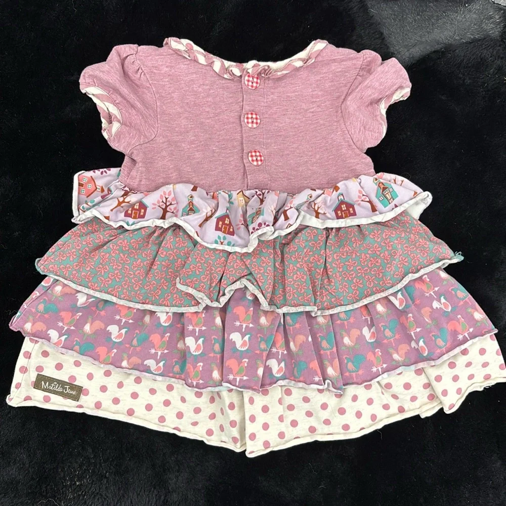 Matilda Jane Pink Purple Ruffled Dress Houses Bows Chickens Polka Dots 12-18M - Picture 11 of 16